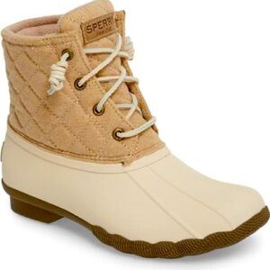 Sperry waterproof rubber boots with quilted fabric camel size 11
